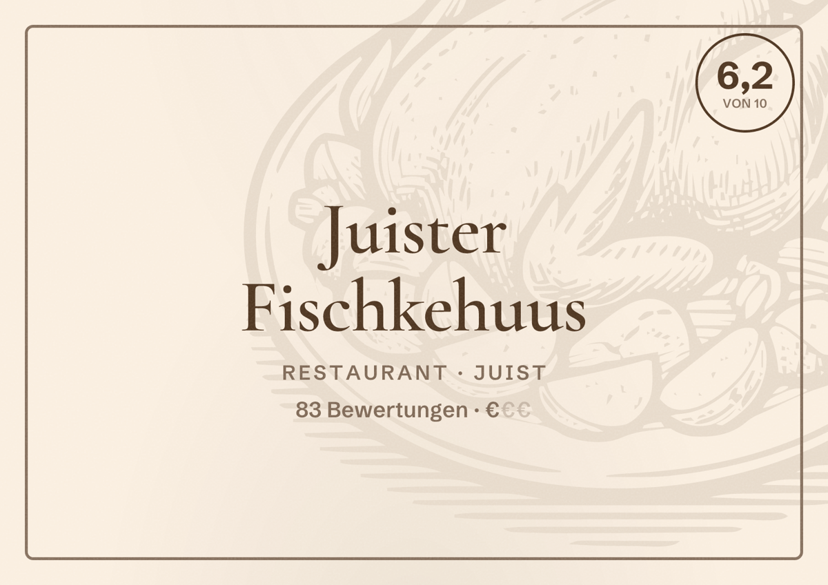 Illustriertes Poster von Juister Fischkehuus, Restaurant in Juist: Bewertung 6,2 von 10 aus 83 Bewertungen, Preisniveau €