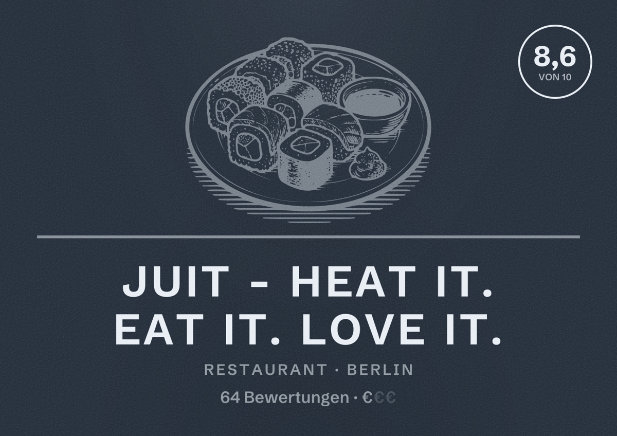 Illustriertes Poster von JUIT - Heat it. Eat it. Love it., Restaurant in Berlin: Bewertung 8,6 von 10 aus 64 Bewertungen, Preisniveau €