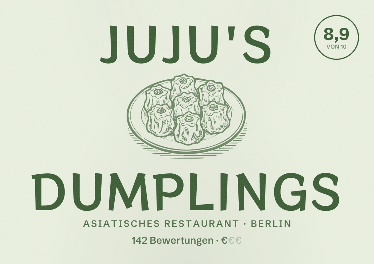 Illustriertes Poster von JuJu's Dumplings, Asiatisches Restaurant in Berlin: Bewertung 8,9 von 10 aus 142 Bewertungen, Preisniveau €