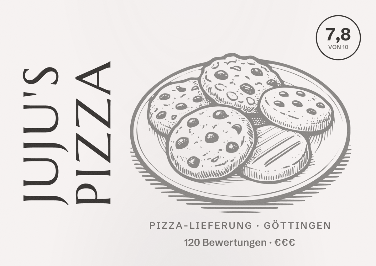 Illustriertes Poster von Juju's Pizza, Pizza-Lieferung in Göttingen: Bewertung 7,8 von 10 aus 120 Bewertungen, Preisniveau €€€