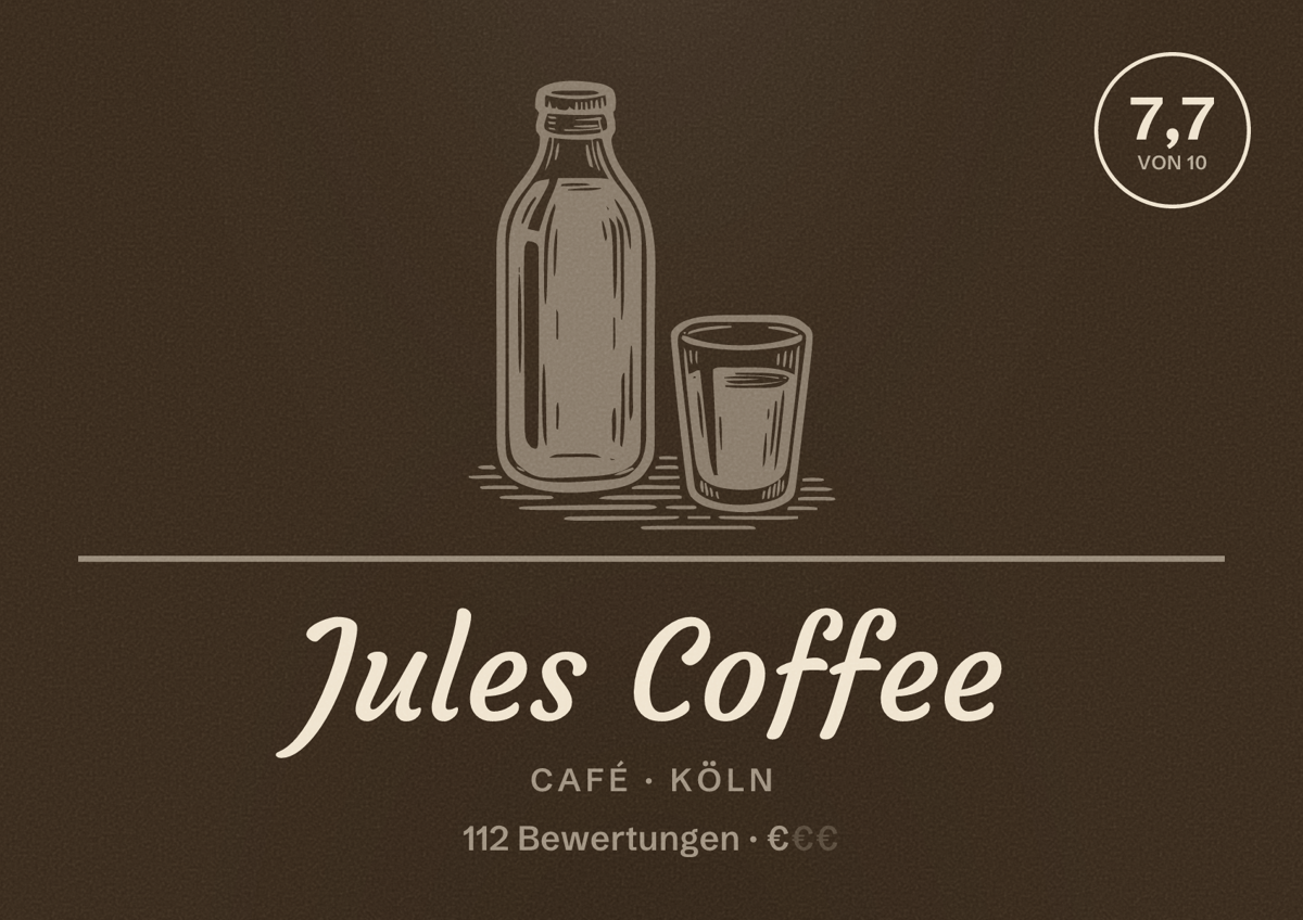Illustriertes Poster von Jules Coffee, Café in Köln: Bewertung 7,7 von 10 aus 112 Bewertungen, Preisniveau €