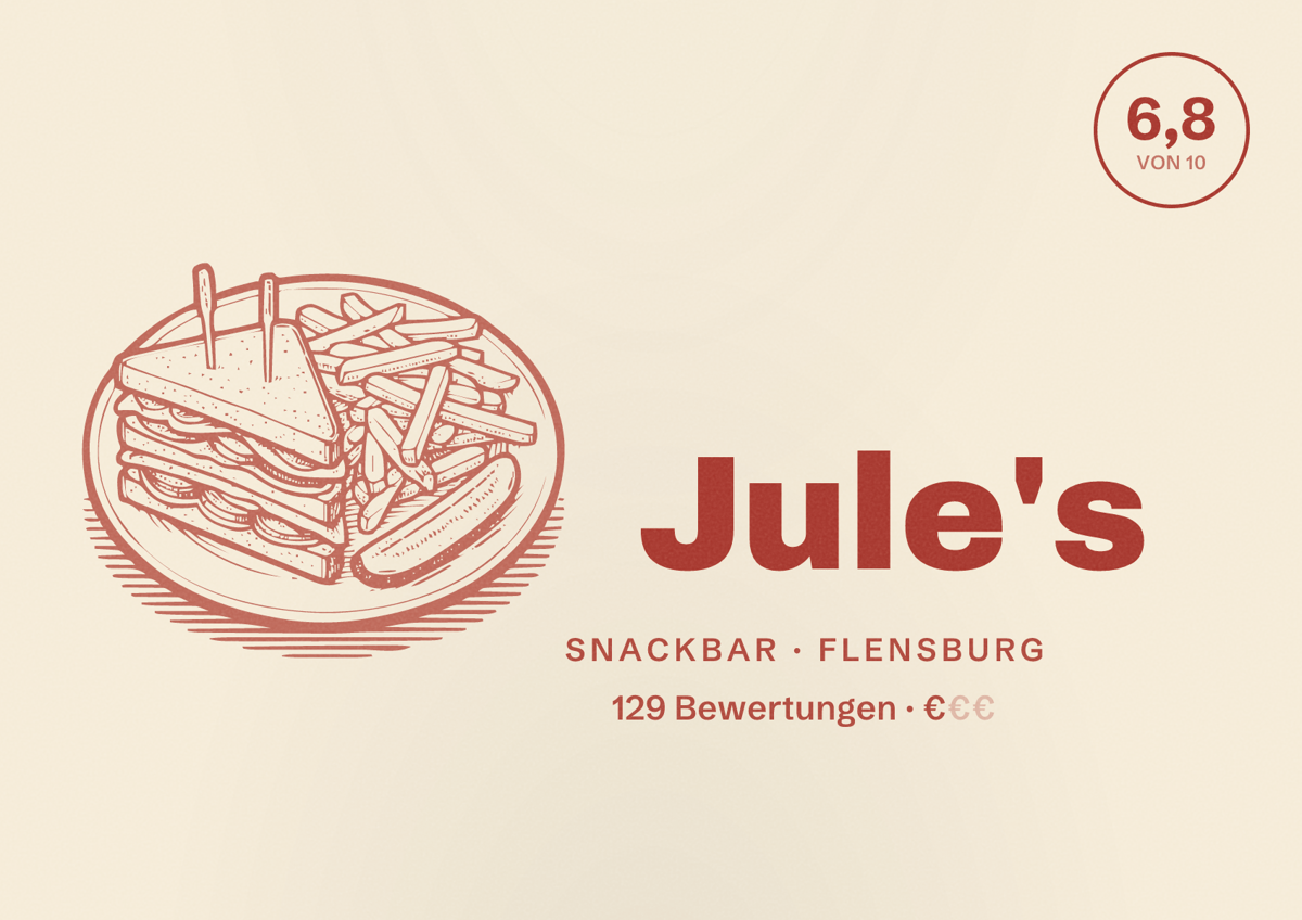 Illustriertes Poster von Jule's, Snackbar in Flensburg: Bewertung 6,8 von 10 aus 129 Bewertungen, Preisniveau €