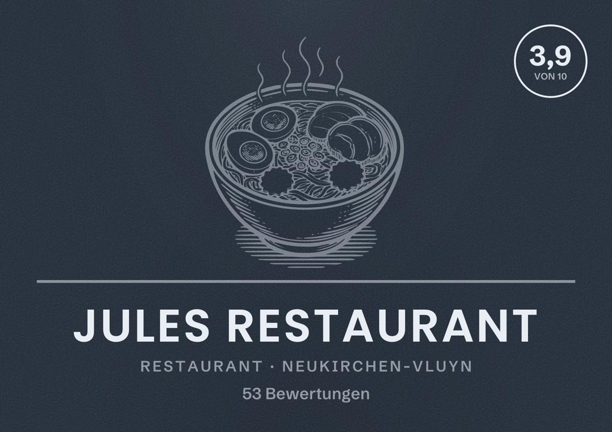 Illustriertes Poster von Jules Restaurant, Restaurant in Neukirchen-Vluyn: Bewertung 3,9 von 10 aus 53 Bewertungen