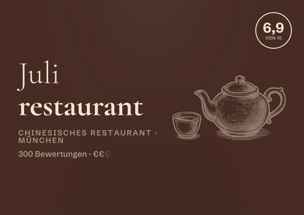 Illustriertes Poster von Juli restaurant, Chinesisches Restaurant in München: Bewertung 6,9 von 10 aus 300 Bewertungen, Preisniveau €€