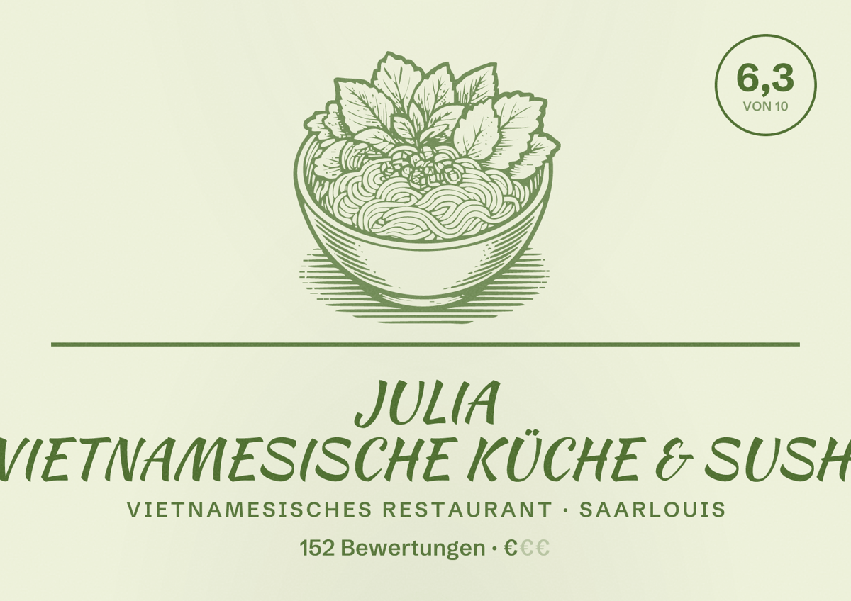 Illustriertes Poster von JULIA VIETNAMESISCHE KÜCHE & SUSHI, Vietnamesisches Restaurant in Saarlouis: Bewertung 6,3 von 10 aus 152 Bewertungen, Preisniveau €