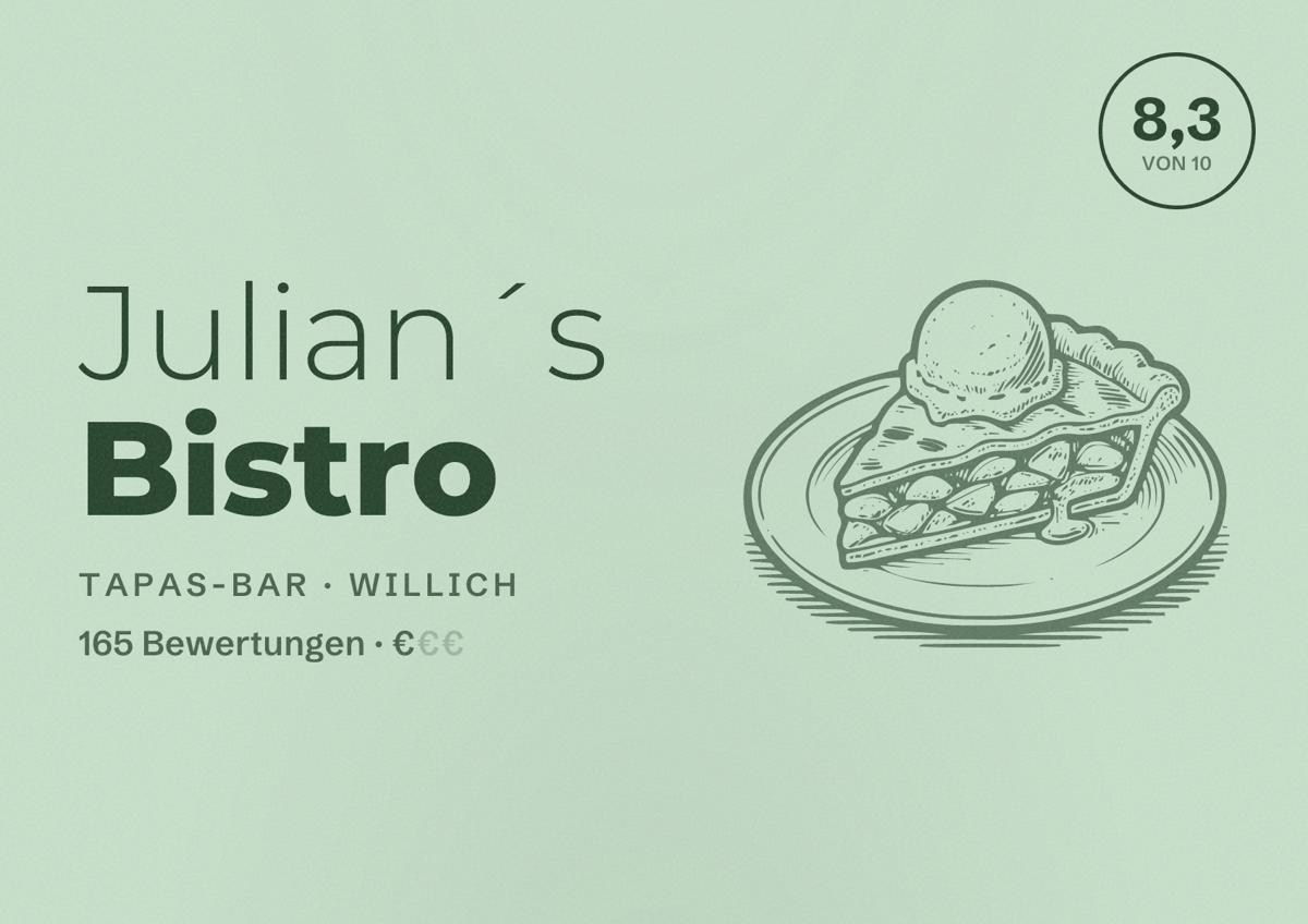 Illustriertes Poster von Julian´s Bistro, Tapas-Bar in Willich: Bewertung 8,3 von 10 aus 165 Bewertungen, Preisniveau €