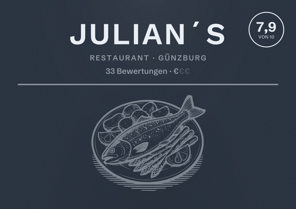 Illustriertes Poster von Julian´s, Restaurant in Günzburg: Bewertung 7,9 von 10 aus 33 Bewertungen, Preisniveau €