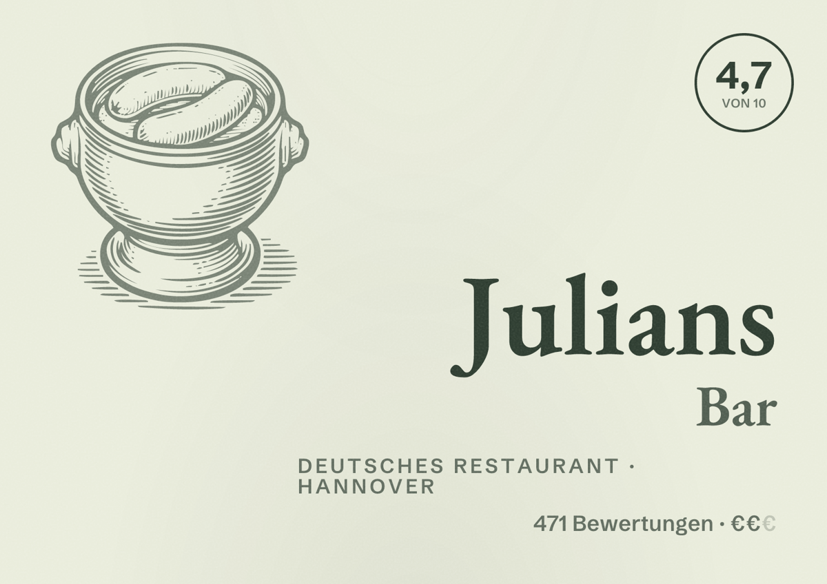 Illustriertes Poster von Julians Bar, Deutsches Restaurant in Hannover: Bewertung 4,7 von 10 aus 471 Bewertungen, Preisniveau €€