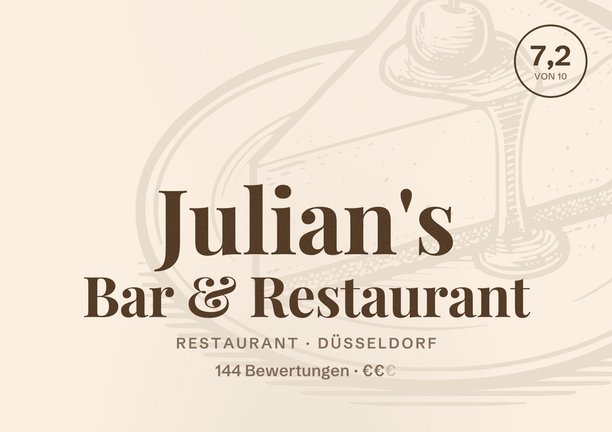 Illustriertes Poster von Julian's Bar & Restaurant, Restaurant in Düsseldorf: Bewertung 7,2 von 10 aus 144 Bewertungen, Preisniveau €€