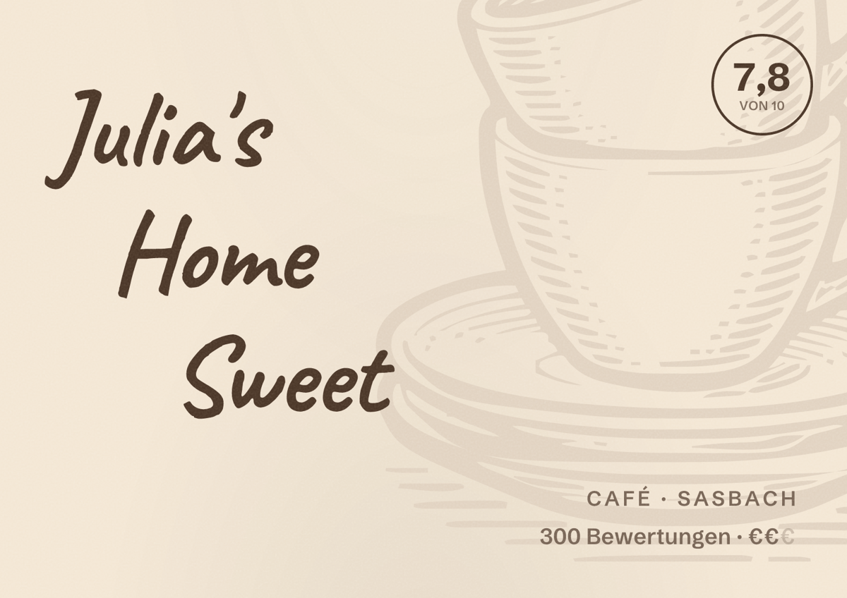 Illustriertes Poster von Julia's Home Sweet, Café in Sasbach: Bewertung 7,8 von 10 aus 300 Bewertungen, Preisniveau €€