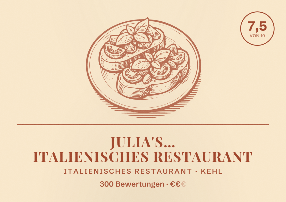 Illustriertes Poster von Julia's… Italienisches Restaurant, Italienisches Restaurant in Kehl: Bewertung 7,5 von 10 aus 300 Bewertungen, Preisniveau €€