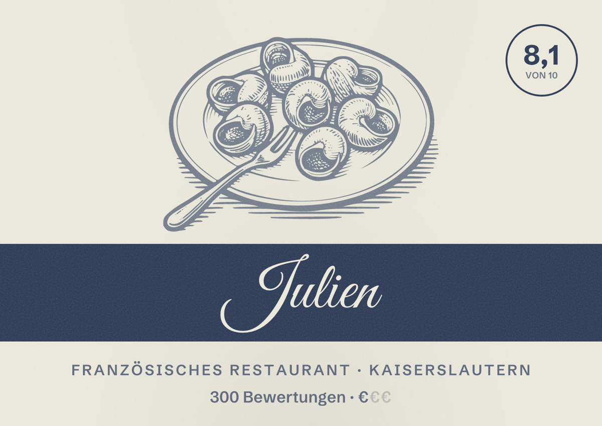 Illustriertes Poster von Julien, Französisches Restaurant in Kaiserslautern: Bewertung 8,1 von 10 aus 300 Bewertungen, Preisniveau €