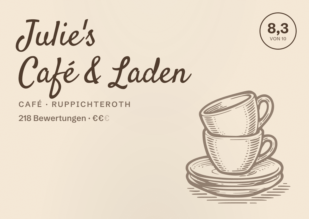 Illustriertes Poster von Julie's Café & Laden, Café in Ruppichteroth: Bewertung 8,3 von 10 aus 218 Bewertungen, Preisniveau €€