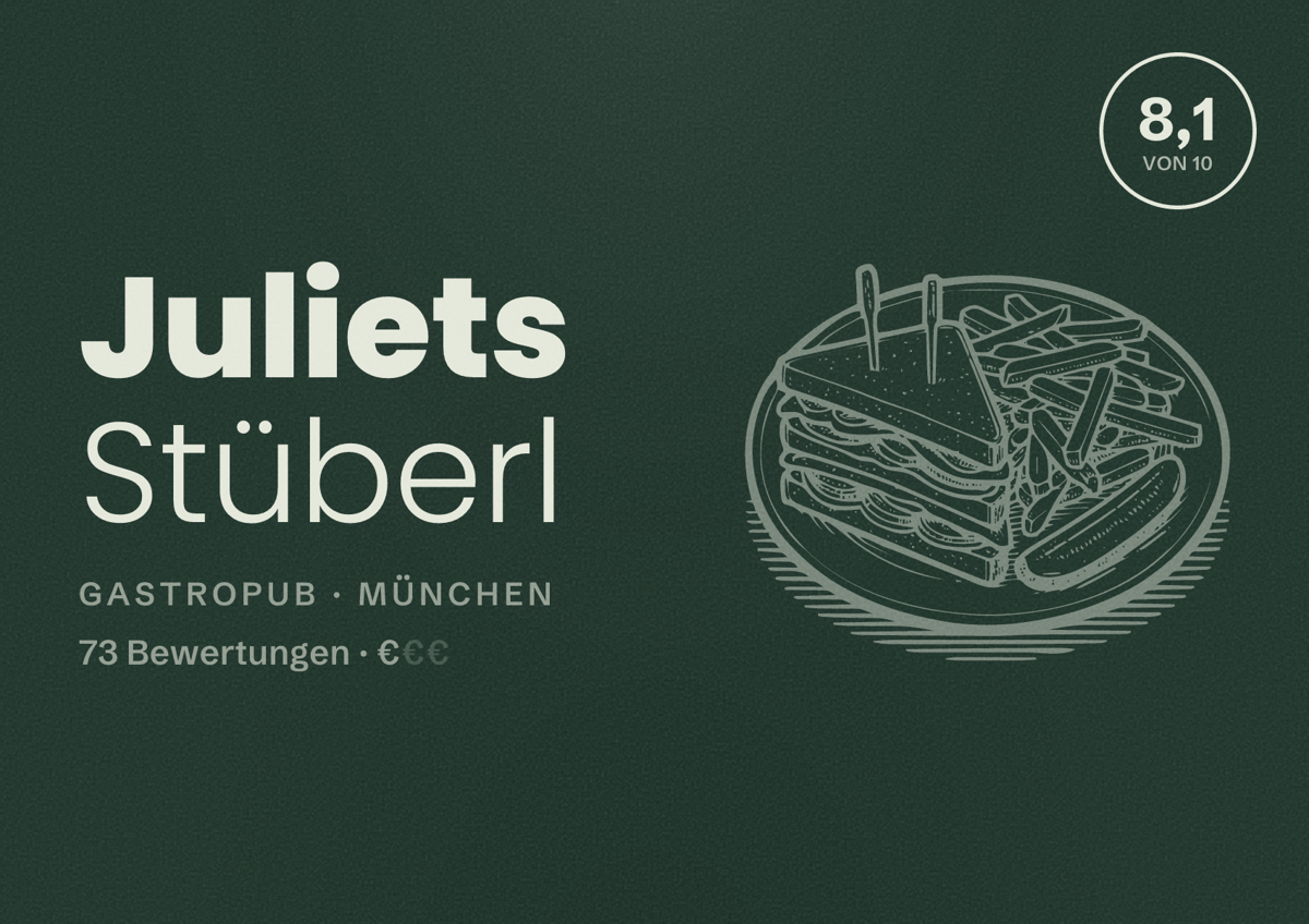Illustriertes Poster von Juliets Stüberl, Gastropub in München: Bewertung 8,1 von 10 aus 73 Bewertungen, Preisniveau €