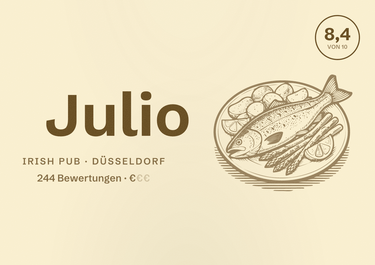 Illustriertes Poster von Julio, Irish Pub in Düsseldorf: Bewertung 8,4 von 10 aus 244 Bewertungen, Preisniveau €