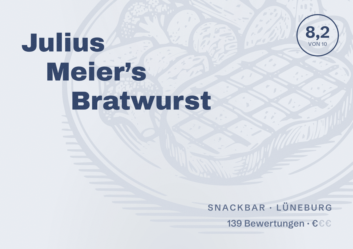Illustriertes Poster von Julius Meier’s Bratwurst, Snackbar in Lüneburg: Bewertung 8,2 von 10 aus 139 Bewertungen, Preisniveau €