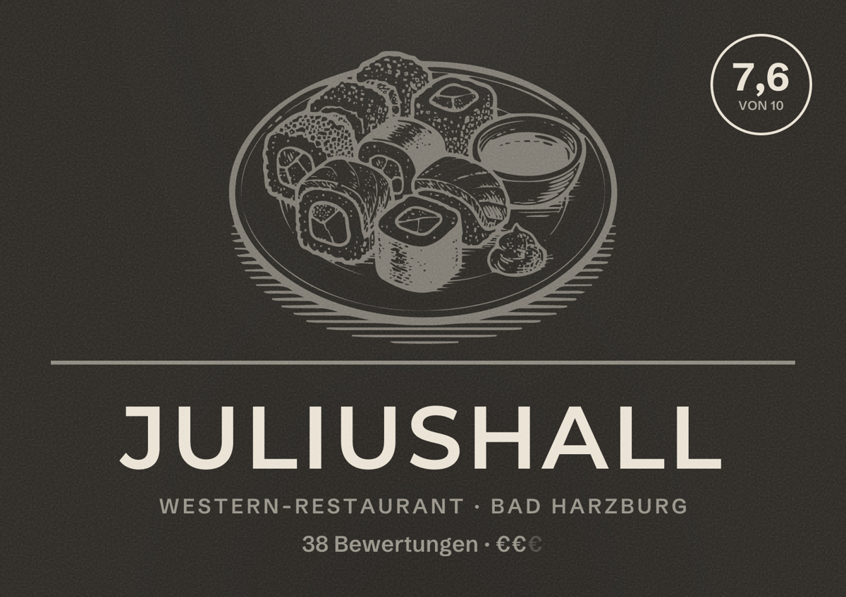 Illustriertes Poster von Juliushall, Western-Restaurant in Bad Harzburg: Bewertung 7,6 von 10 aus 38 Bewertungen, Preisniveau €€