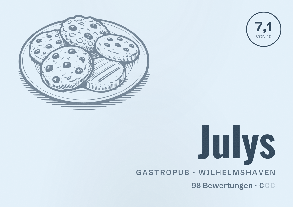 Illustriertes Poster von Julys, Gastropub in Wilhelmshaven: Bewertung 7,1 von 10 aus 98 Bewertungen, Preisniveau €