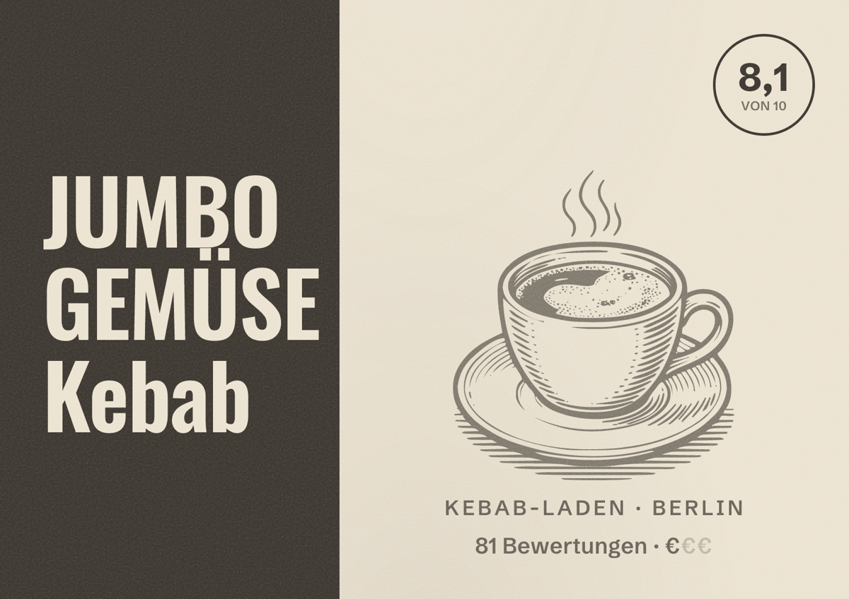 Illustriertes Poster von JUMBO GEMÜSE Kebab, Kebab-Laden in Berlin: Bewertung 8,1 von 10 aus 81 Bewertungen, Preisniveau €