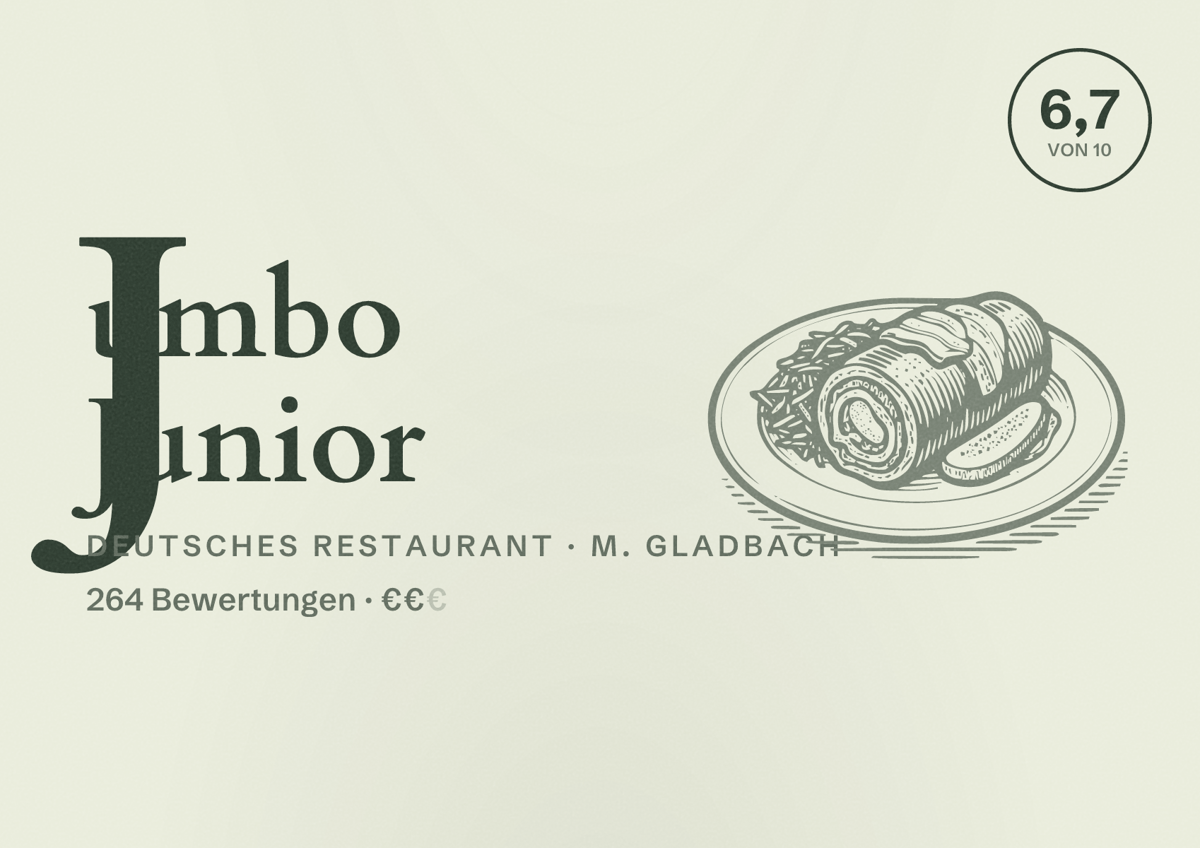 Illustriertes Poster von Jumbo Junior, Deutsches Restaurant in M. Gladbach: Bewertung 6,7 von 10 aus 264 Bewertungen, Preisniveau €€