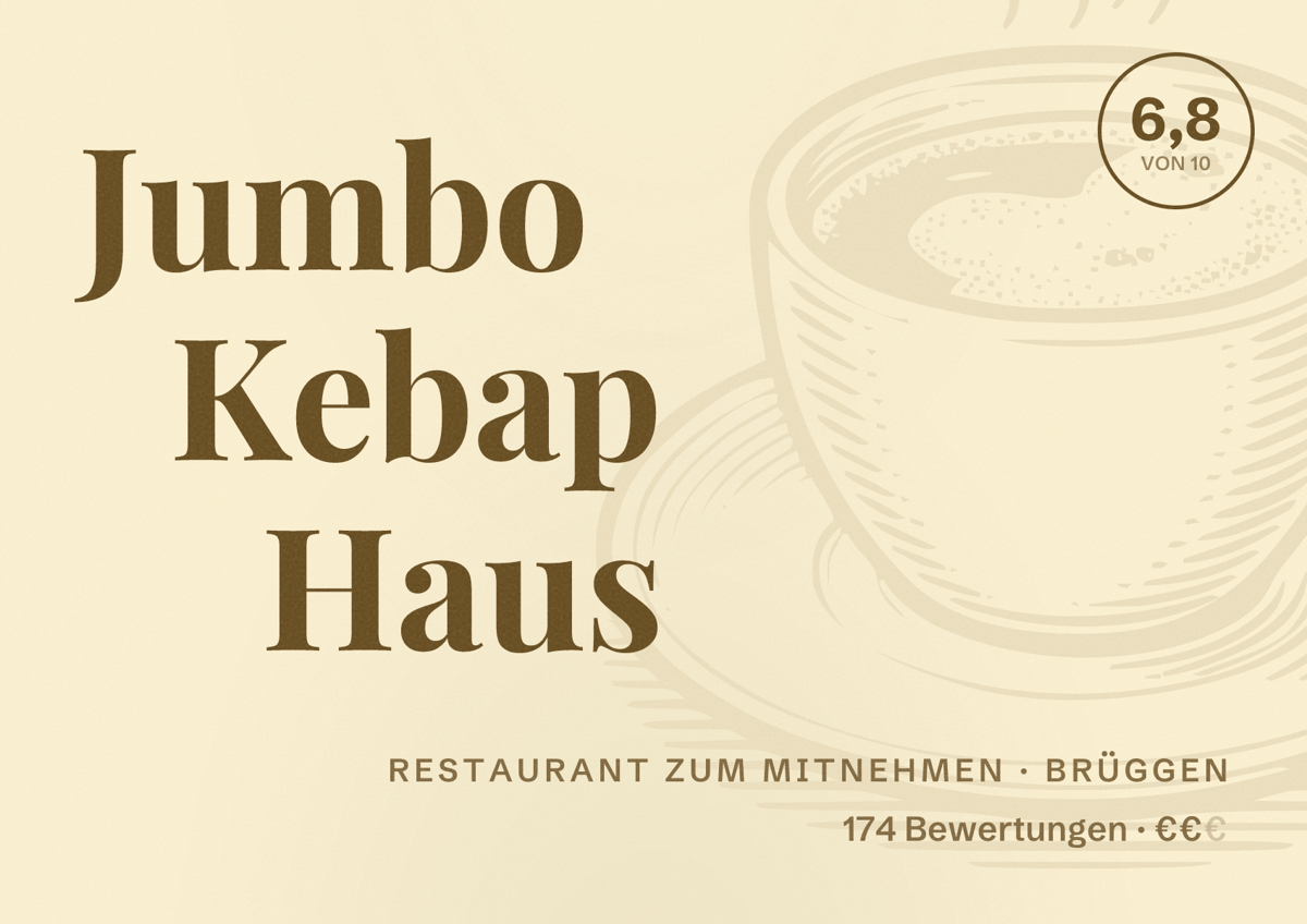 Illustriertes Poster von Jumbo Kebap Haus, Restaurant zum Mitnehmen in Brüggen: Bewertung 6,8 von 10 aus 174 Bewertungen, Preisniveau €€