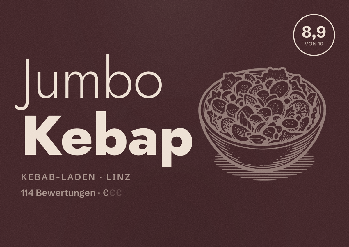 Illustriertes Poster von Jumbo Kebap, Kebab-Laden in Linz: Bewertung 8,9 von 10 aus 114 Bewertungen, Preisniveau €
