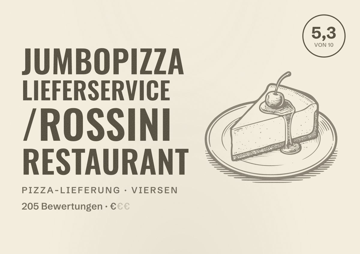 Illustriertes Poster von JumboPizza Lieferservice /Rossini Restaurant, Pizza-Lieferung in Viersen: Bewertung 5,3 von 10 aus 205 Bewertungen, Preisniveau €