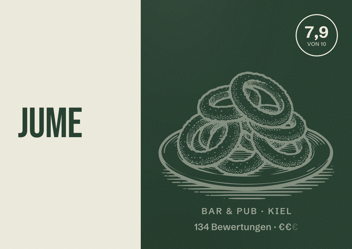 Illustriertes Poster von JuMe, Bar & Pub in Kiel: Bewertung 7,9 von 10 aus 134 Bewertungen, Preisniveau €€