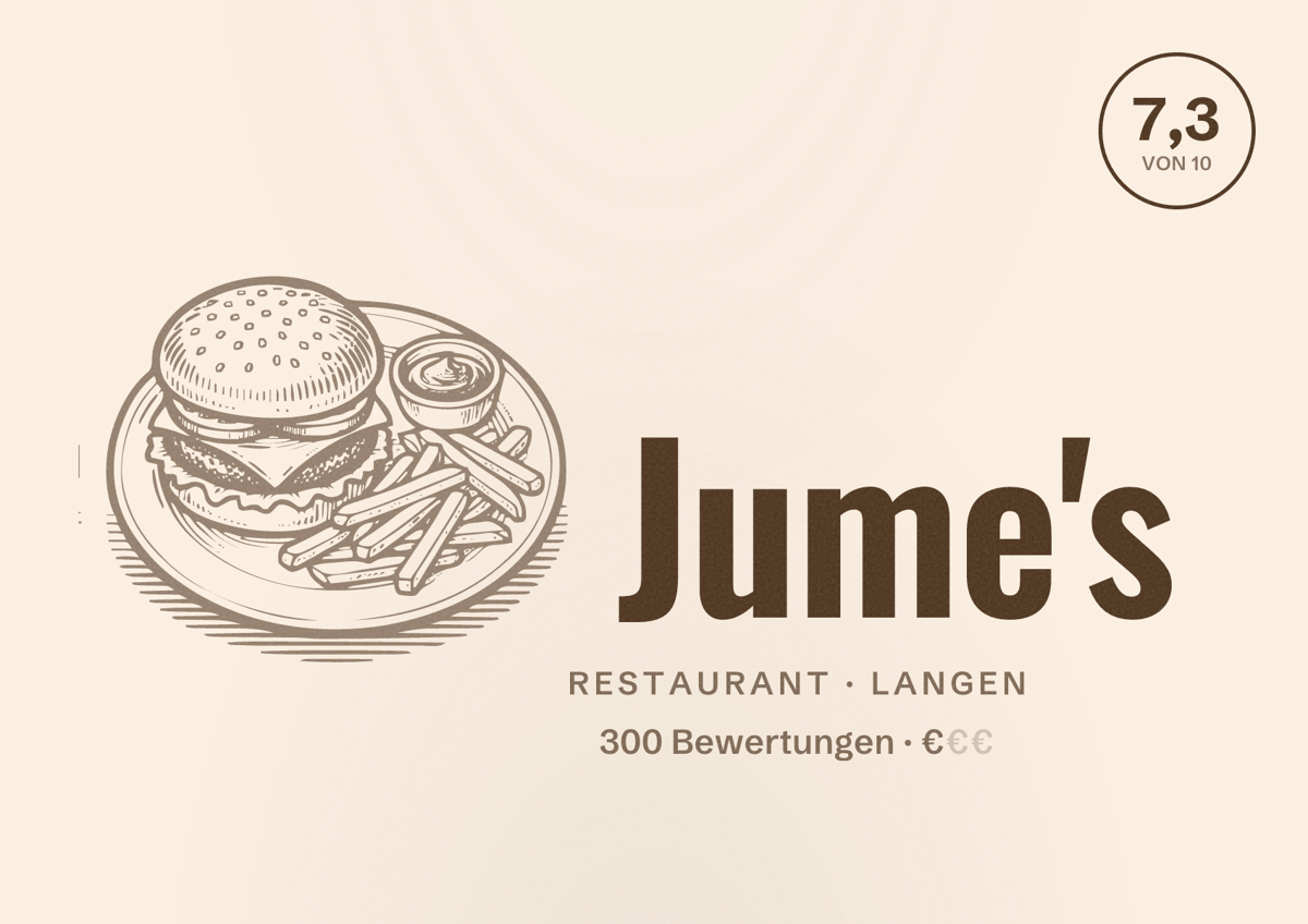 Illustriertes Poster von Jume's, Restaurant in Langen: Bewertung 7,3 von 10 aus 300 Bewertungen, Preisniveau €