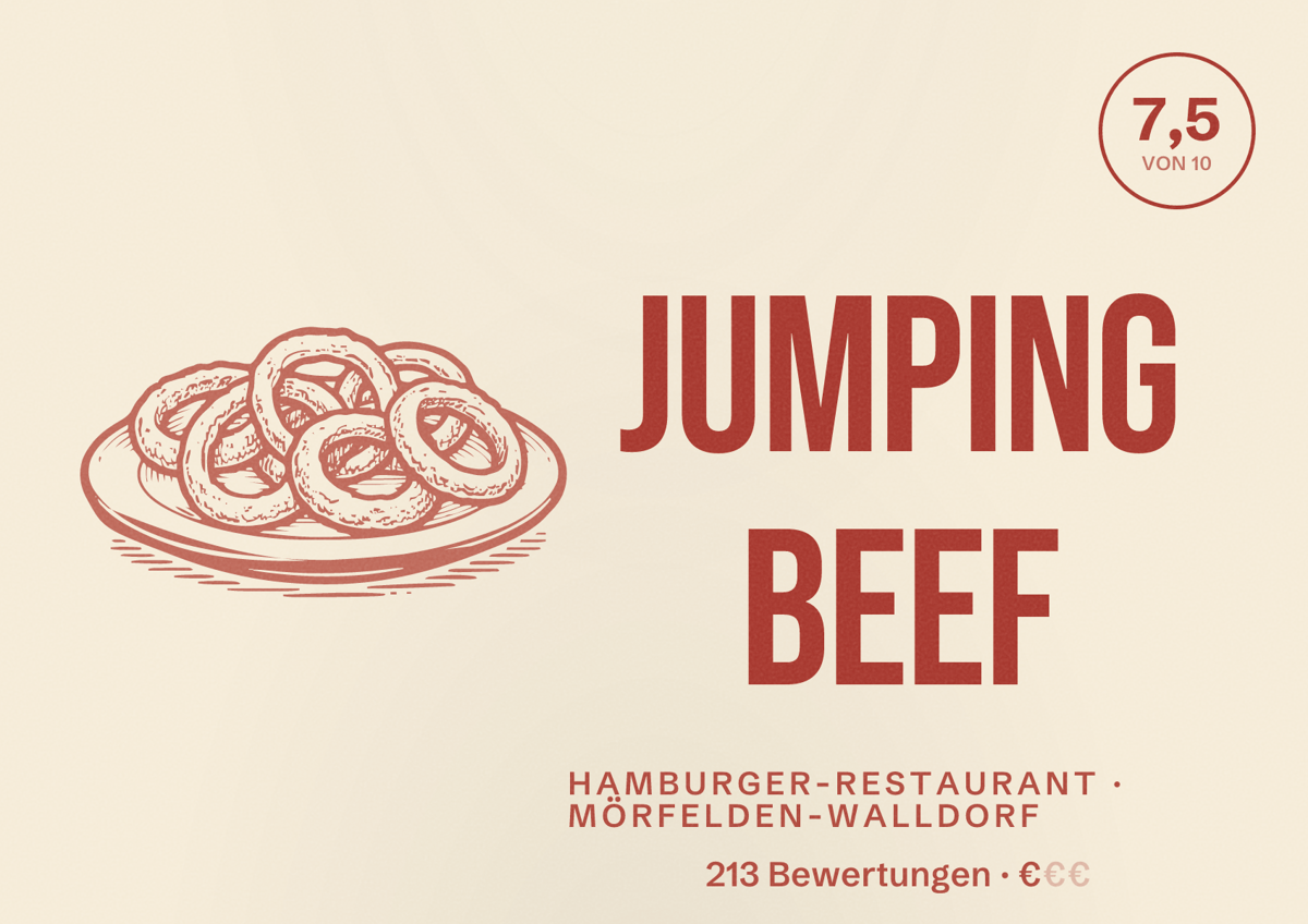 Illustriertes Poster von Jumping Beef, Hamburger-Restaurant in Mörfelden-Walldorf: Bewertung 7,5 von 10 aus 213 Bewertungen, Preisniveau €