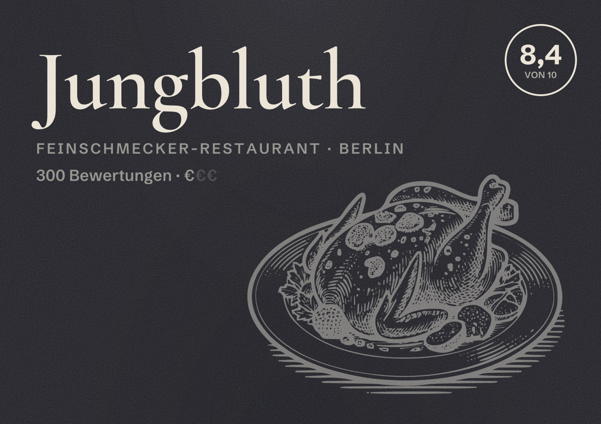 Illustriertes Poster von Jungbluth, Feinschmecker-Restaurant in Berlin: Bewertung 8,4 von 10 aus 300 Bewertungen, Preisniveau €
