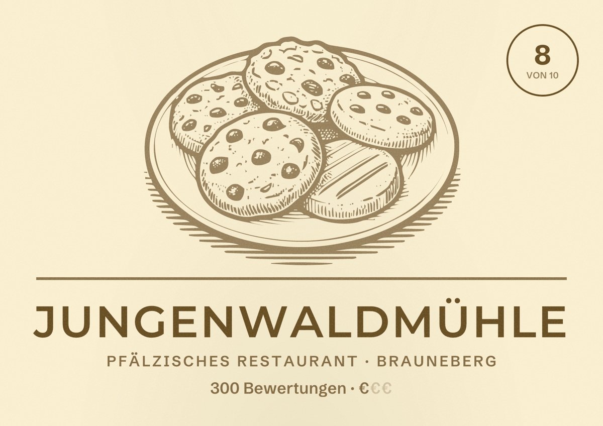 Illustriertes Poster von Jungenwaldmühle, Pfälzisches Restaurant in Brauneberg: Bewertung 8 von 10 aus 300 Bewertungen, Preisniveau €