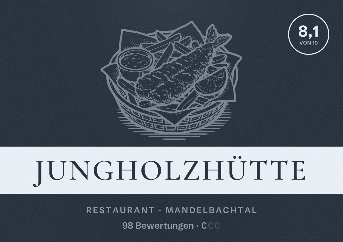 Illustriertes Poster von Jungholzhütte, Restaurant in Mandelbachtal: Bewertung 8,1 von 10 aus 98 Bewertungen, Preisniveau €