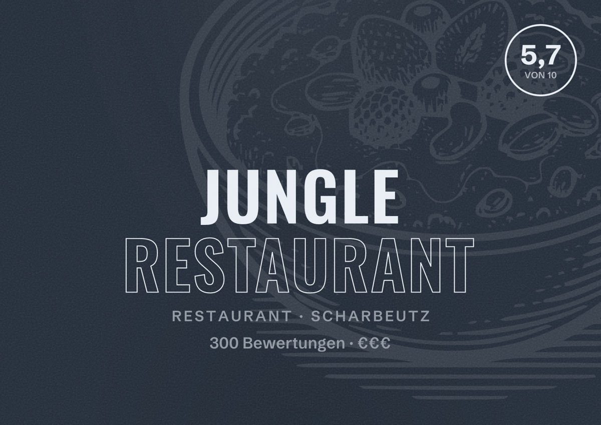 Illustriertes Poster von Jungle Restaurant, Restaurant in Scharbeutz: Bewertung 5,7 von 10 aus 300 Bewertungen, Preisniveau €€€