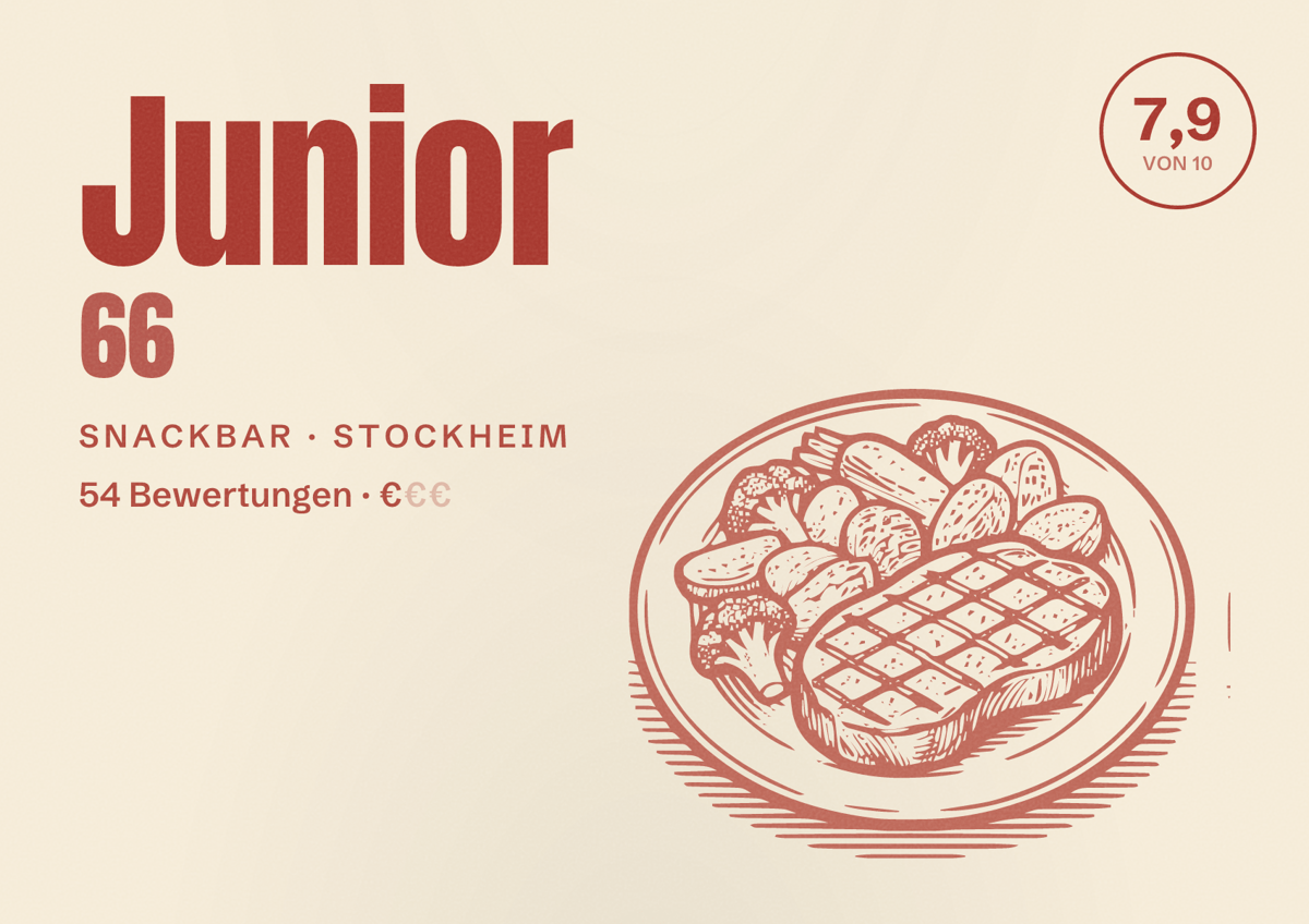 Illustriertes Poster von Junior 66, Snackbar in Stockheim: Bewertung 7,9 von 10 aus 54 Bewertungen, Preisniveau €