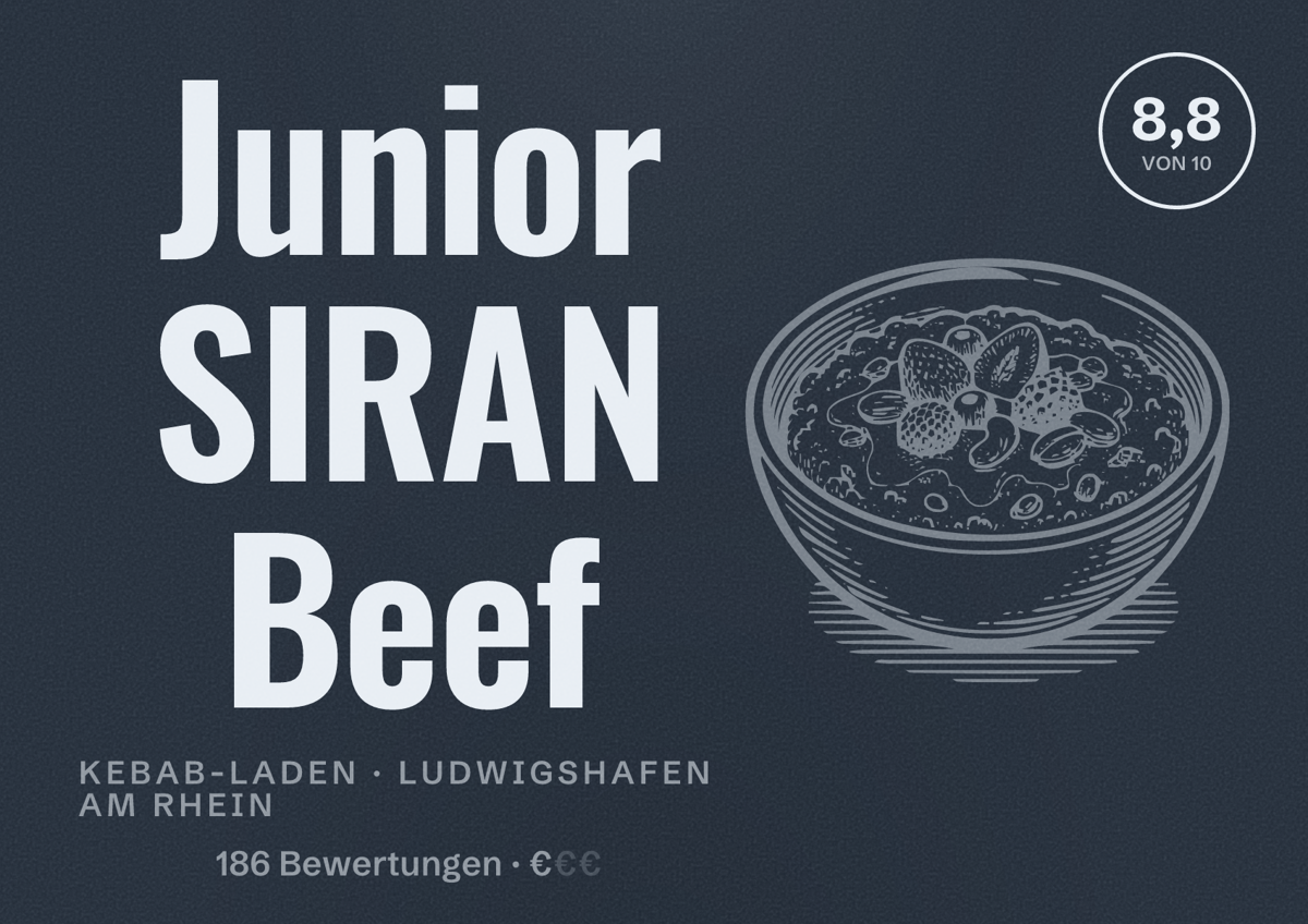 Illustriertes Poster von Junior SIRAN Beef, Kebab-Laden in Ludwigshafen am Rhein: Bewertung 8,8 von 10 aus 186 Bewertungen, Preisniveau €