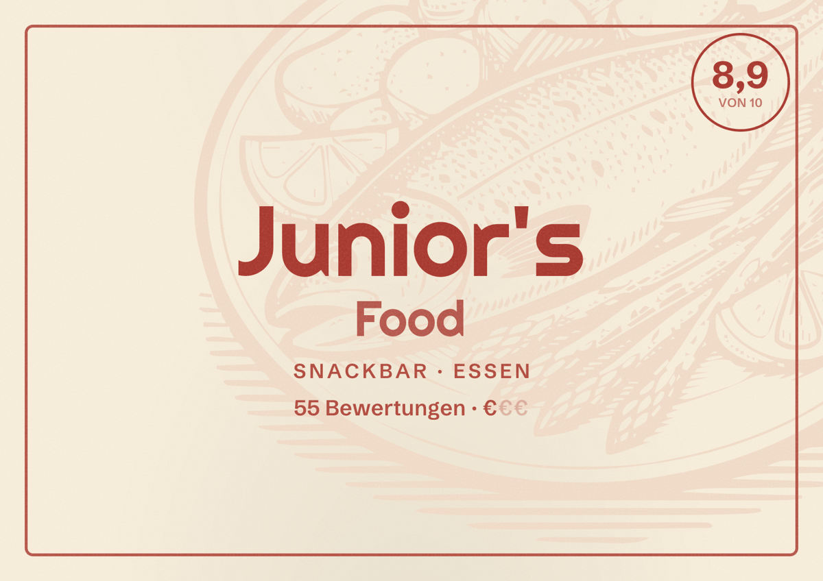 Illustriertes Poster von Junior's Food, Snackbar in Essen: Bewertung 8,9 von 10 aus 55 Bewertungen, Preisniveau €
