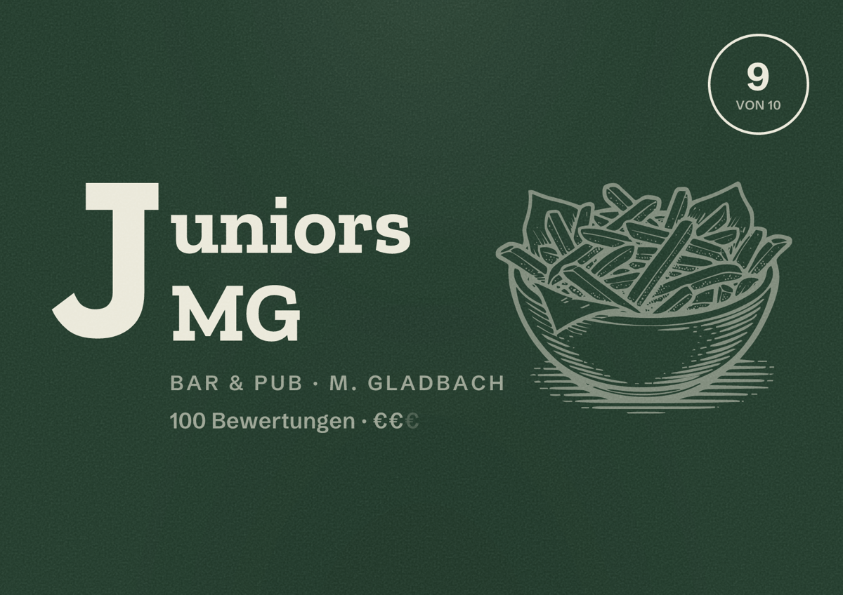 Illustriertes Poster von Juniors MG, Bar & Pub in M. Gladbach: Bewertung 9 von 10 aus 100 Bewertungen, Preisniveau €€