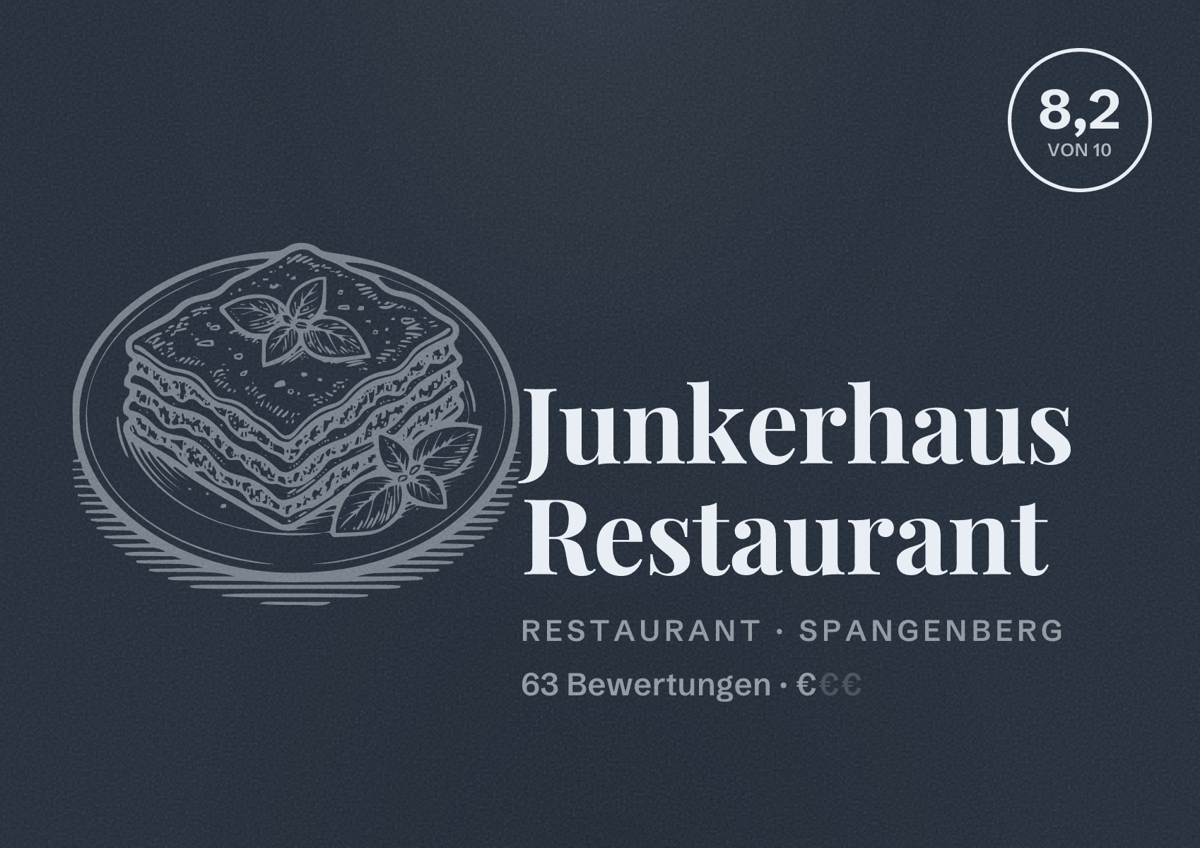 Illustriertes Poster von Junkerhaus Restaurant, Restaurant in Spangenberg: Bewertung 8,2 von 10 aus 63 Bewertungen, Preisniveau €