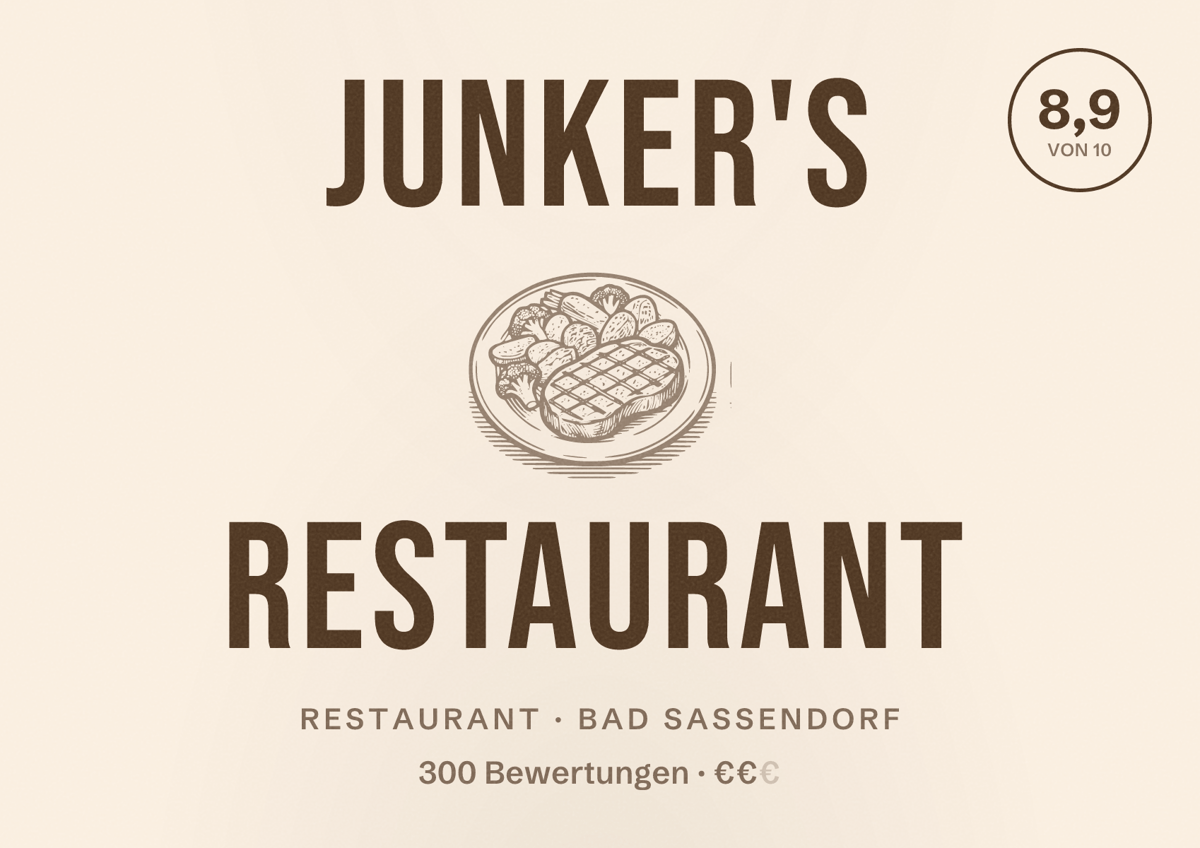 Illustriertes Poster von Junker's Restaurant, Restaurant in Bad Sassendorf: Bewertung 8,9 von 10 aus 300 Bewertungen, Preisniveau €€