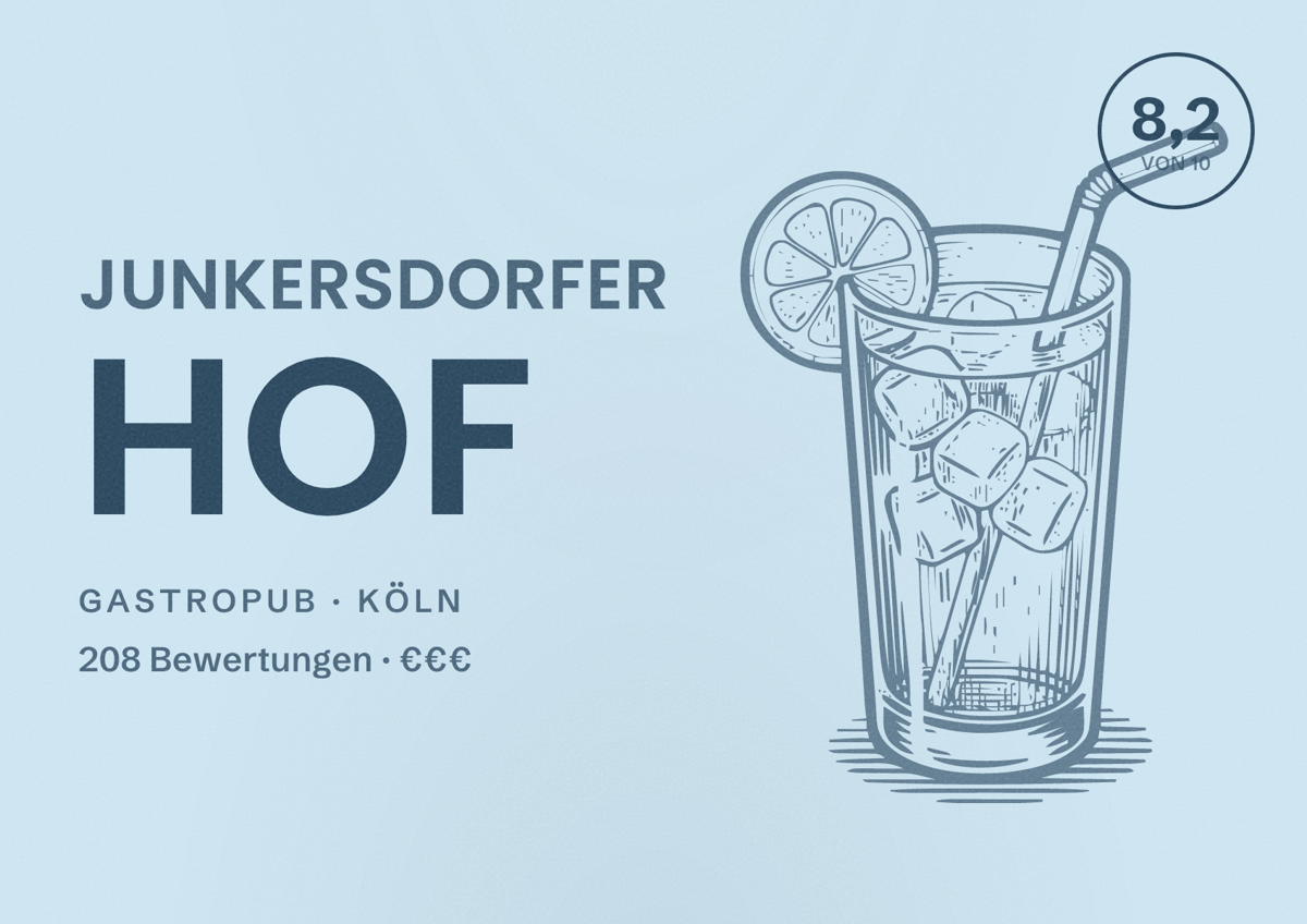 Illustriertes Poster von Junkersdorfer Hof, Gastropub in Köln: Bewertung 8,2 von 10 aus 208 Bewertungen, Preisniveau €€€