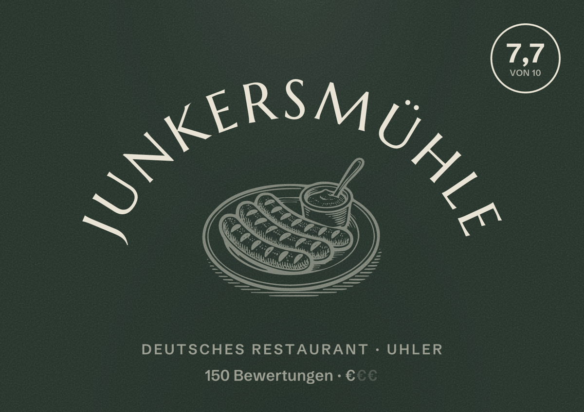 Illustriertes Poster von Junkersmühle, Deutsches Restaurant in Uhler: Bewertung 7,7 von 10 aus 150 Bewertungen, Preisniveau €