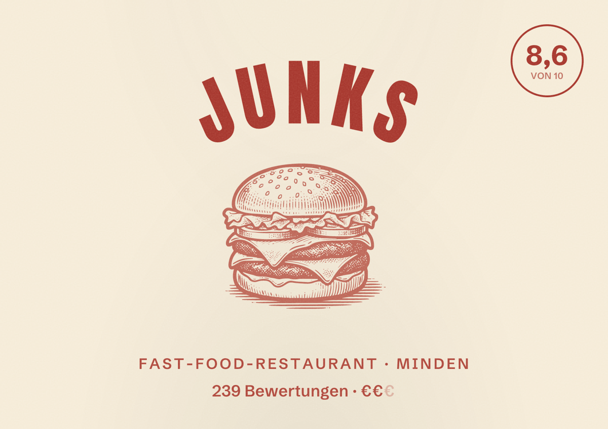 Illustriertes Poster von Junks, Fast-Food-Restaurant in Minden: Bewertung 8,6 von 10 aus 239 Bewertungen, Preisniveau €€