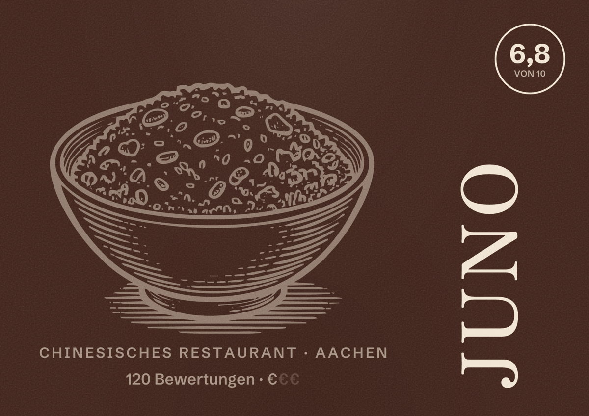 Illustriertes Poster von Juno, Chinesisches Restaurant in Aachen: Bewertung 6,8 von 10 aus 120 Bewertungen, Preisniveau €