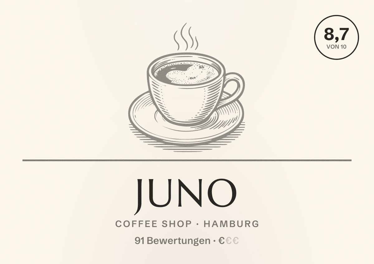 Illustriertes Poster von Juno, Coffee Shop in Hamburg: Bewertung 8,7 von 10 aus 91 Bewertungen, Preisniveau €