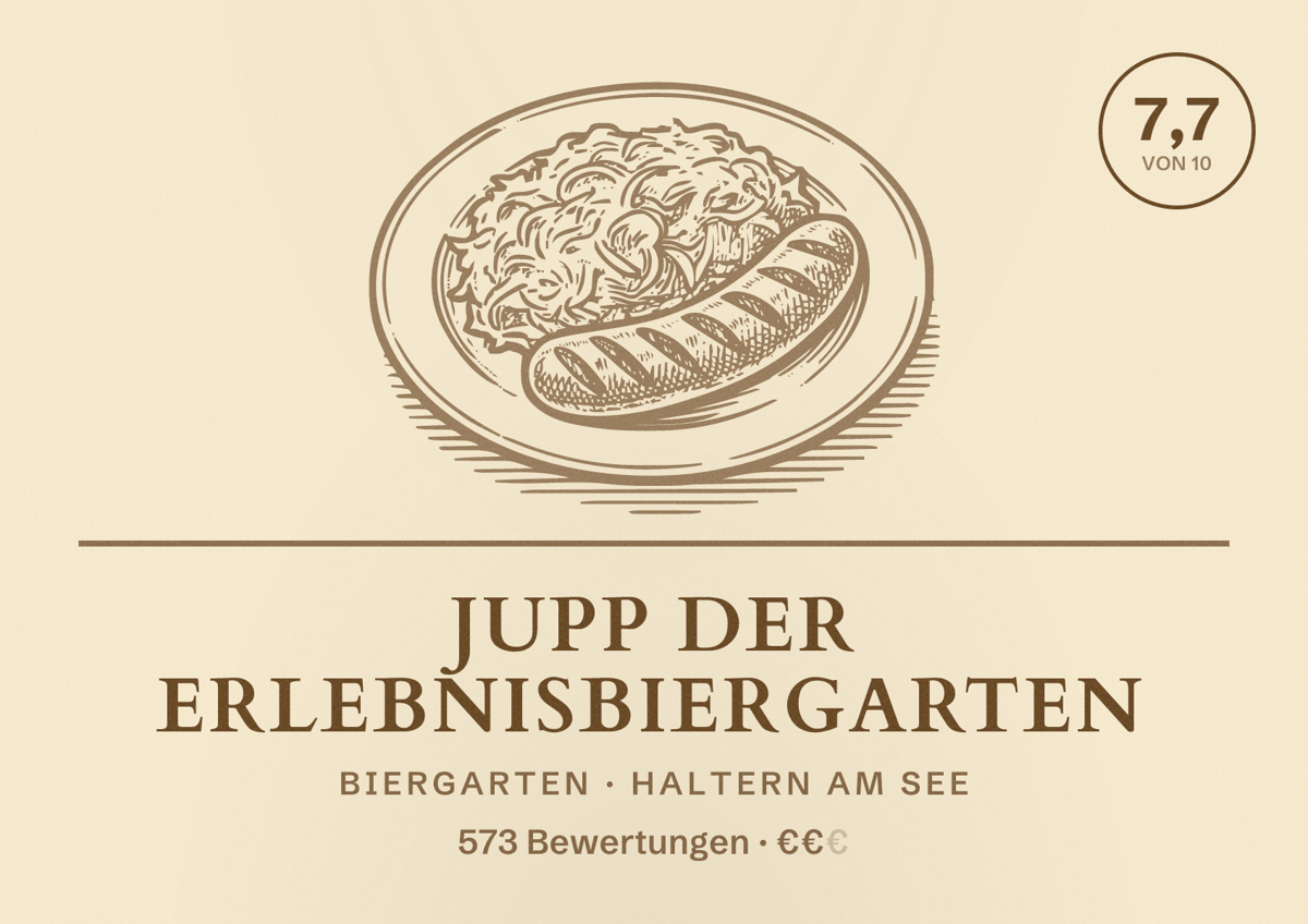 Illustriertes Poster von Jupp der Erlebnisbiergarten, Biergarten in Haltern am See: Bewertung 7,7 von 10 aus 573 Bewertungen, Preisniveau €€