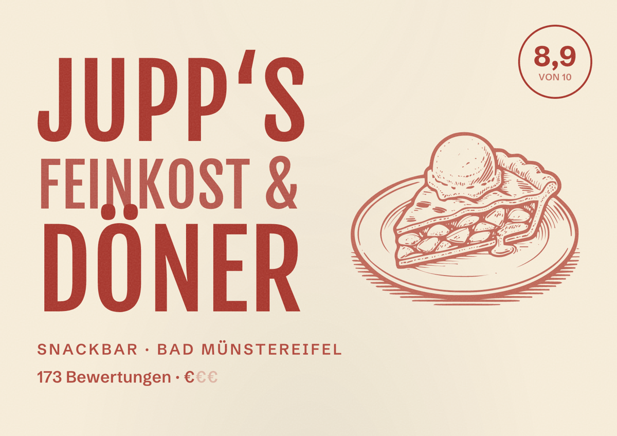 Illustriertes Poster von Jupp‘s Feinkost & Döner, Snackbar in Bad Münstereifel: Bewertung 8,9 von 10 aus 173 Bewertungen, Preisniveau €