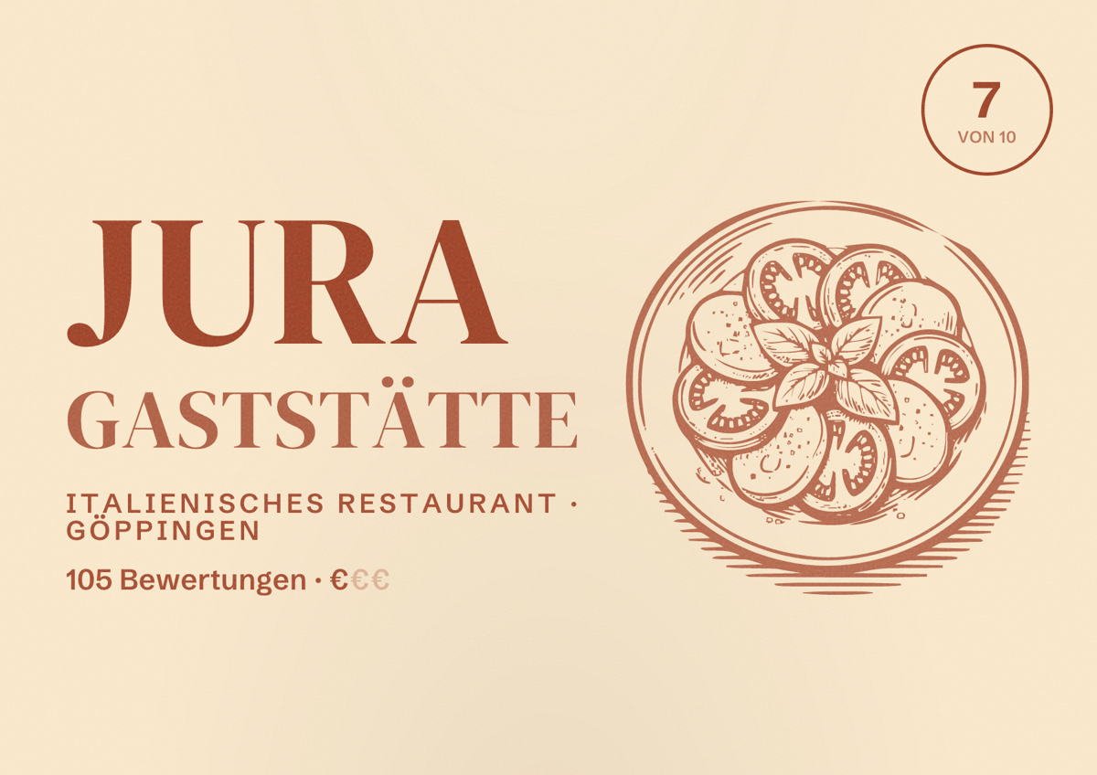 Illustriertes Poster von Jura Gaststätte, Italienisches Restaurant in Göppingen: Bewertung 7 von 10 aus 105 Bewertungen, Preisniveau €