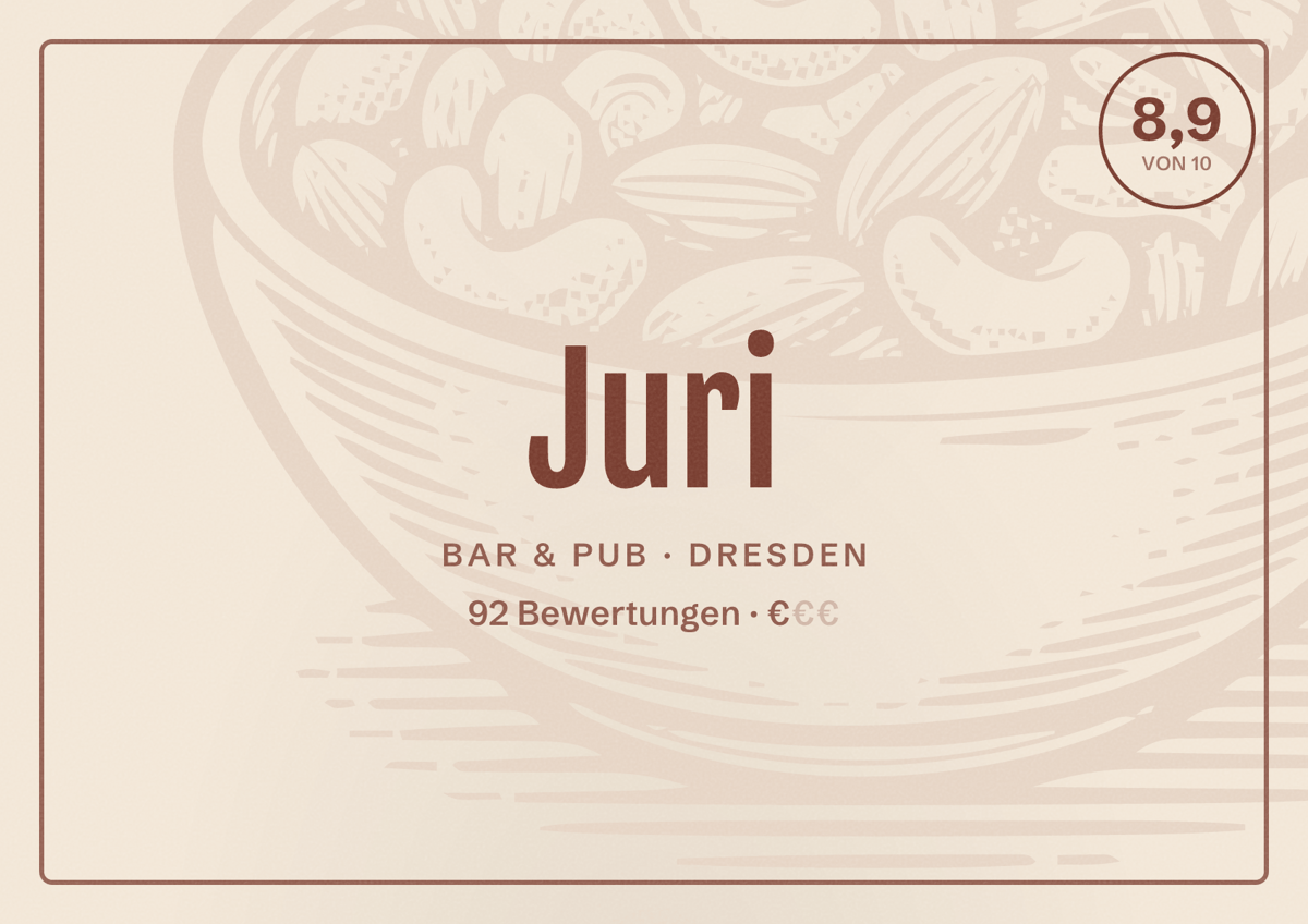 Illustriertes Poster von Juri, Bar & Pub in Dresden: Bewertung 8,9 von 10 aus 92 Bewertungen, Preisniveau €