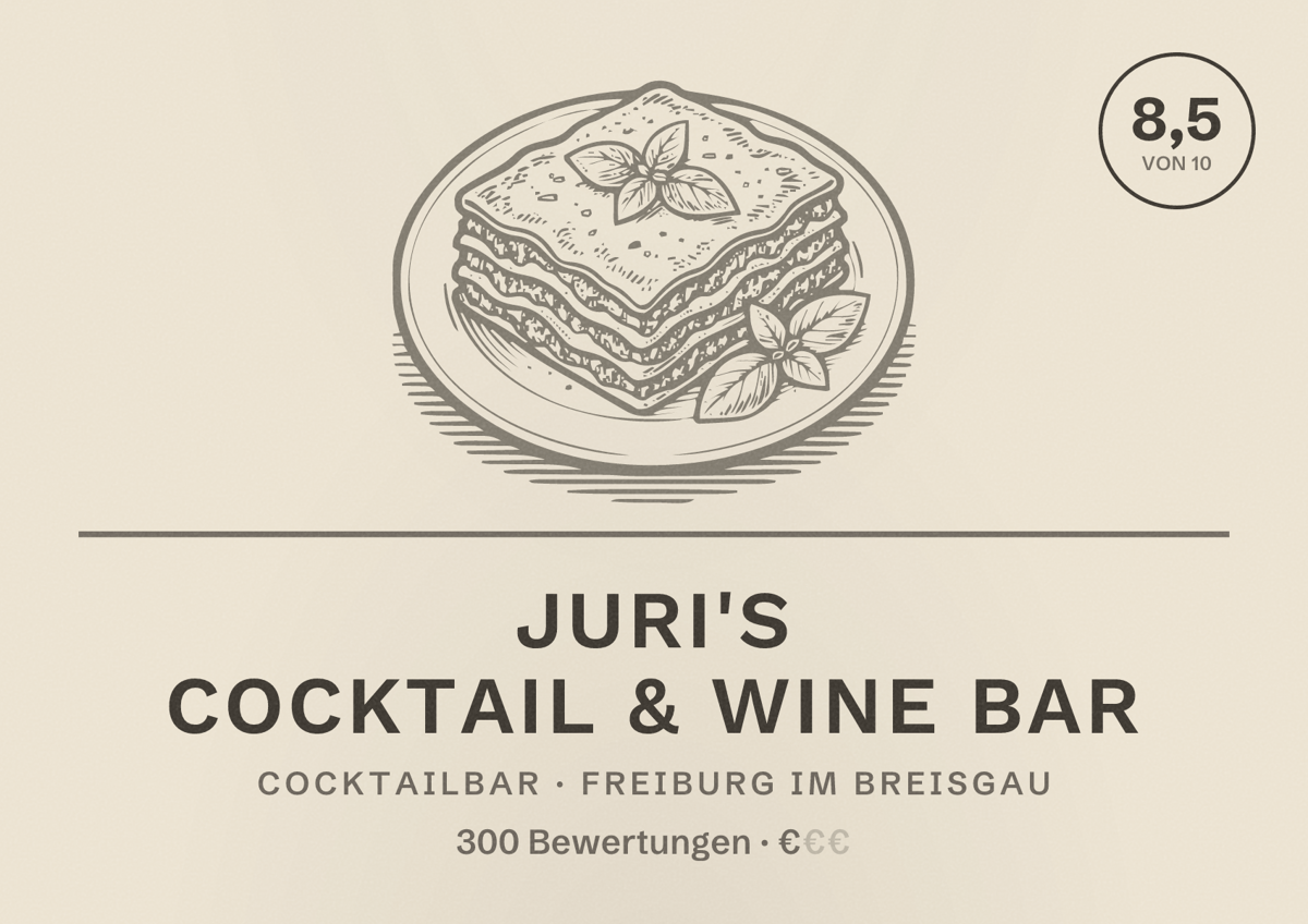Illustriertes Poster von Juri's Cocktail & Wine Bar, Cocktailbar in Freiburg im Breisgau: Bewertung 8,5 von 10 aus 300 Bewertungen, Preisniveau €